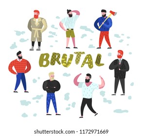 Brutal Man Flat Characters Collection. Funny Bearded Strong Guys Cartoons. Lumberjack, Strongman, Hipster. Vector illustration
