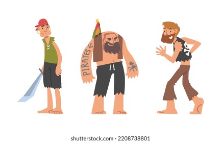 Brutal Man Pirate or Buccaneer Character with Saber and Parrot as Marine Robber Vector Set