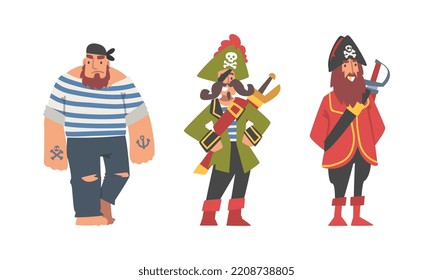 Brutal Man Pirate or Buccaneer Character with Saber and in Striped Vest as Marine Robber Vector Set