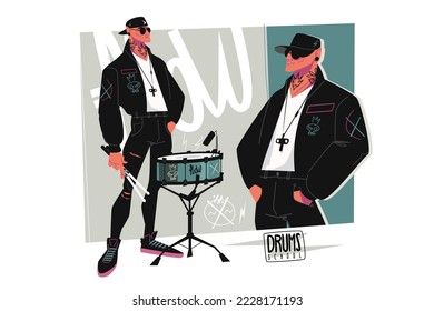 Brutal man playing with sticks on drums vector illustration. Member of rock group. Musical show. Drums school and musical art concept
