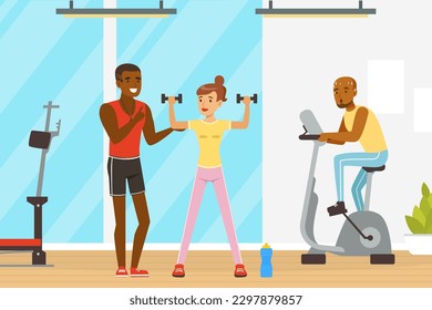 Brutal Man Sports Coach Giving Instruction and Training in Gym Vector Illustration