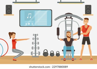 Brutal Man Sports Coach Giving Instruction and Training in Gym Vector Illustration