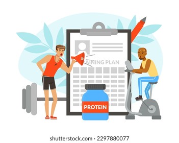 Brutal Man Sports Coach with Megaphone Shouting Giving Instruction and Training in Gym Vector Illustration
