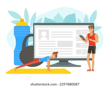 Brutal Man Sports Coach with Whistle Giving Instruction and Training Woman with Computer Vector Illustration