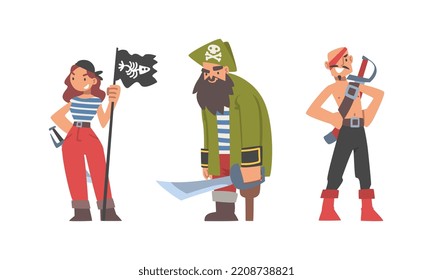 Brutal Man and Woman Pirate or Buccaneer Character with Saber and in Striped Vest as Marine Robber Vector Set
