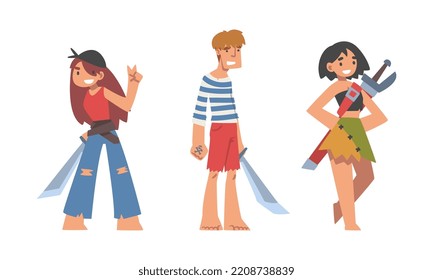 Brutal Man and Woman Pirate or Buccaneer Character with Saber and in Striped Vest as Marine Robber Vector Set