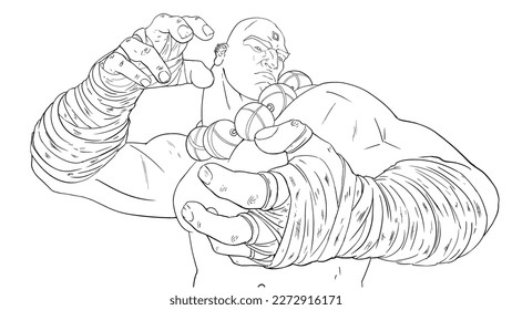 A brutal muscular man in bandages on his hands with huge stone beads on his thick neck stands concentrating energy in bear fingers 2d anime art coloring book