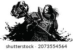 A brutal old paladin in heavy plate armor with beautiful patterns stands with a huge two-handed hammer in his hands, he is a holy warrior with long hair and glowing eyes, mustache and beau. 2d  art