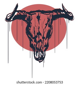 Brutal outlines skull wild animal, 
bull skull on red circle. Isolated on a white background. Squiezer smudge effect, trace effect, graffiti stencil effect. 