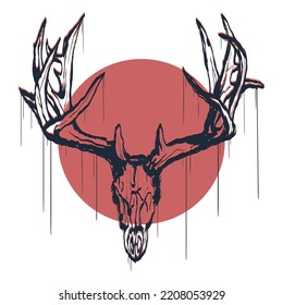 Brutal outlines skull wild animal, forest deer skull  on red circle. Isolated on a white background. Squiezer smudge effect, trace effect, graffiti stencil effect. 