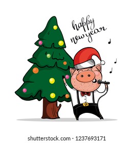 Brutal pig in the cap of Santa Claus near the decorated Christmas tree. The character sings a song into the microphone. Vector illustration.