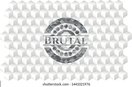 Brutal retro style grey emblem with geometric cube white background