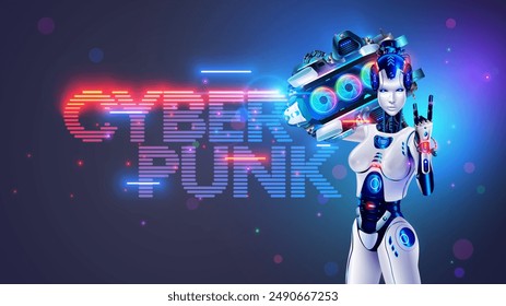 Brutal robot girl with music speaker on her shoulder shows rock gesture. Electronic music festival banner poster. Punk rock female robot in cyberpunk style. beautiful female robot with music center.