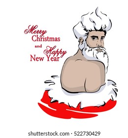 brutal Santa Claus . inflated hipster guy with santa clothes for Happy New Year and Merry Christmas . vector illustration