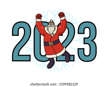 Brutal Santa Claus starker Mann auf dem Hintergrund von 2023 zeigt seine Biceps.