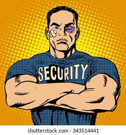 Brutal security guard after a fight pop art retro style. Bruise wound plaster injury. Powerful muscular bodybuilder. Sport and protection