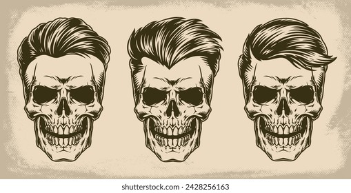 Brutal skulls monochrome set labels with faces of dead with stylish hairstyles for barbershop advertising design vector illustration