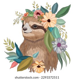 A brutal sloth among flowers, an exotic poster with a sloth and wreaths of flowers on his head. Vector graphics