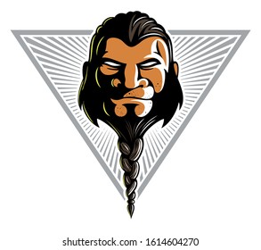 Brutal, strong man face with braided beard