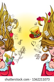 Brutal style Alice in Wonderland collection. Portrait of Alice, surrounded by magical objects on a white background.