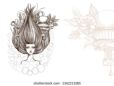 Brutal style Alice in Wonderland collection. Portrait of Alice with a balloon on a white background. - Shutterstock ID 1362211085