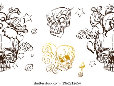Brutal style Alice in Wonderland collection. Poster with skulls and hearts on a white background.