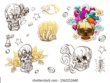 Brutal style Alice in Wonderland collection. Poster with skulls and heart on a white background.