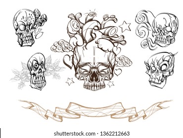 Brutal style Alice in Wonderland collection. Poster with skulls and heart on a white background.