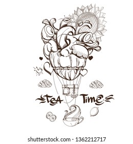Brutal style Alice in Wonderland collection. Set Always tea time on a white background.