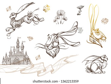 Brutal style Alice in Wonderland collection. Set with rabbits and fabulous items on a white background.