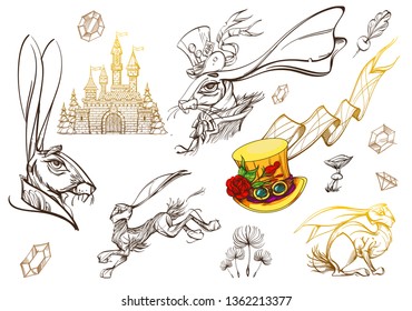 Brutal style Alice in Wonderland collection. Set with rabbits and fabulous items on a white background.
