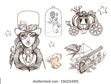 Brutal style Alice in Wonderland collection. Portrait of Alice, surrounded by magical objects on a white background.