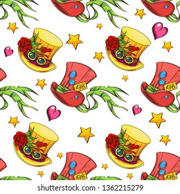 Brutal style Alice in Wonderland collection. Pattern with magic hats on a white background.