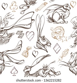 Brutal style Alice in Wonderland collection. Rabbits pattern in linear style on a white background.