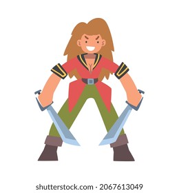 Brutal Woman Pirate Or Buccaneer Character With Sabre And Evil Grin As Marine Robber Vector Illustration