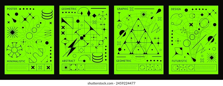 Brutal Y2K posters of abstract geometric shapes on acid green background, vector cover template. Retro futuristic elements, geometric shapes, tech forms and minimalistic symbols for brutal Y2K posters