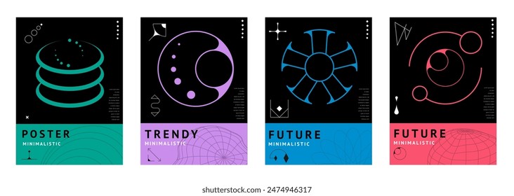 Brutal y2k posters with abstract line shapes and geometric elements. Vector trendy minimalist star, sun, moon and planet globe grid figures with futuristic arrows, circles. Brutal aesthetic banners