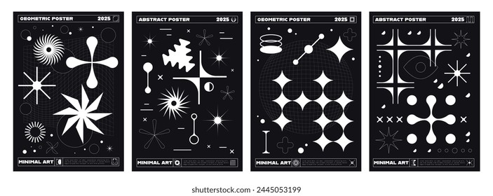 Brutale y2k Poster. Vektorgrafik vertikale Schwarz-Weiß-Karten oder Hintergründe mit abstrakten monochromen geometrischen surrealen Formen im Retro-modernen futuristischen Stil. Minimalistische Vorlagen mit Brutalitätsfiguren