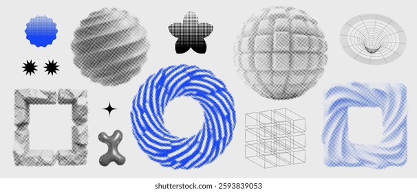 Brutalism 3d graphic elements set. Retro-futuristic grunge shapes for design, geometric universal shapes with distortion. Vector collection