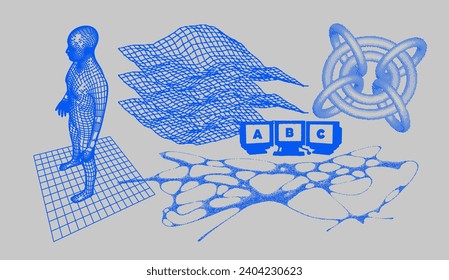 Brutalism 3D graphic. Retro futuristic aesthetic elements, geometry wireframe shapes and grids. Trendy abstract bitmap, halftone graphic. Vector set