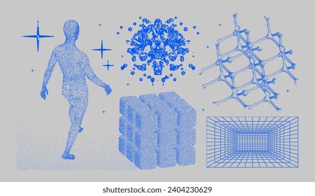 Brutalism 3D graphic. Retro futuristic aesthetic elements, geometry wireframe shapes and grids. Trendy abstract bitmap, halftone graphic. Vector set