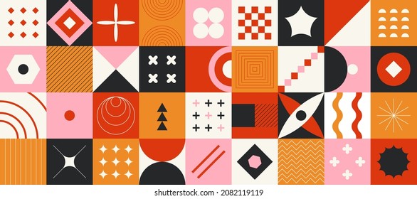 Brutalism . Abstract contemporary pattern design with minimalistic primitive geometric forms. Vector basic form set