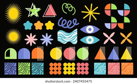 Brutalism abstract elements set vintage style. Collection of brutalist geometric shapes. Trendy minimalist basic figures, lines, flowers, circles, squares, triangles, waves. Vector illustration.