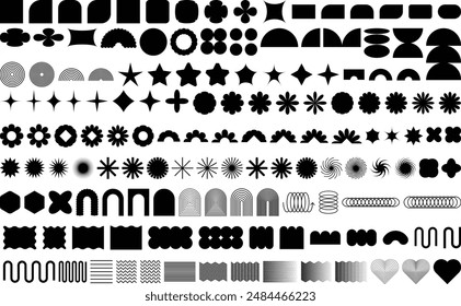 Brutalism abstract geometric shapes. Black Brutalist Y2K minimalist basic figures, star, plants, lines, circles, hexagonal and flower modern Swiss memphis design isolated