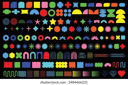 Brutalism abstract geometric shapes. colorful Brutalist Y2K minimalist basic figures, star, plants, lines, circles, hexagonal and flower modern Swiss memphis design isolated