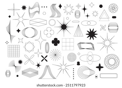 Brutalism abstract geometric shapes: contemporary figure, star, oval, spiral, flowers, primitive elements. Y2K aesthetic. Futuristic linear trendy modern graphic collection. Swiss or bauhaus design