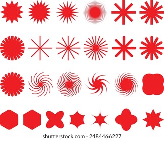 Brutalism abstract geometric shapes. Red Brutalist Y2K minimalist basic figures, star, plants, lines, circles, hexagonal and flower modern Swiss memphis design isolated