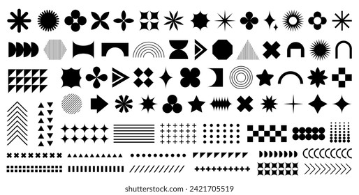 Brutalism abstract geometric shapes. Vector set of retro y2k, bauhaus minimal graphic icons, logos, design elements