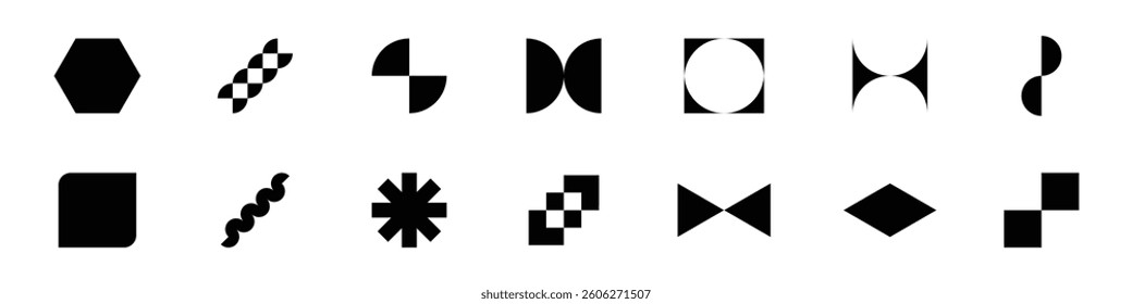 Brutalism abstract geometric shapes. Vector set of retro y2k minimal graphic icons, logos, design elements