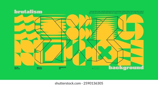 Brutalism abstract vector green background with Postmodern geometric graphic shapes in Y2K aesthetics, trendy colorful modernism artwork banner, various brutal form and line elements